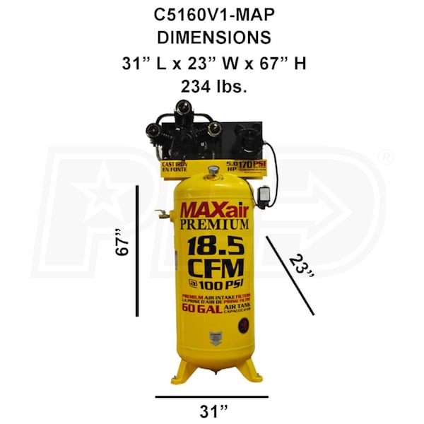 C5160V1-MAP MAXair 1-Phase Air Single-Stage Compressor 208/230V 60-Gallon 5-HP